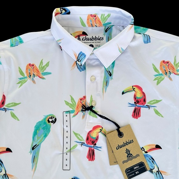NEW Chubbies Mens Small Polo Shirt 2.0 Performance The Dude Where's Macaw Parrot - Picture 1 of 6